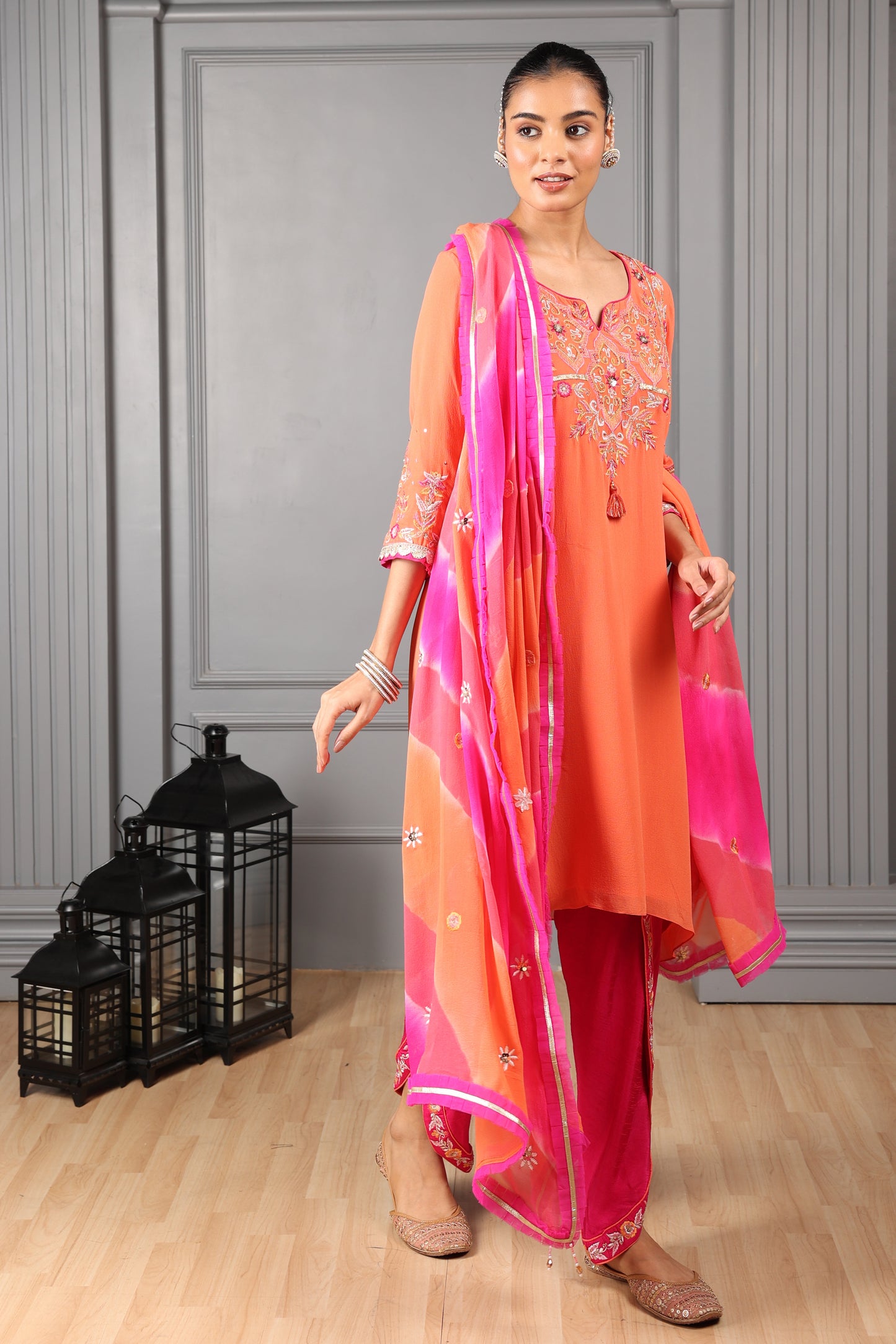 Orange Embroidered High Low Kurta Set