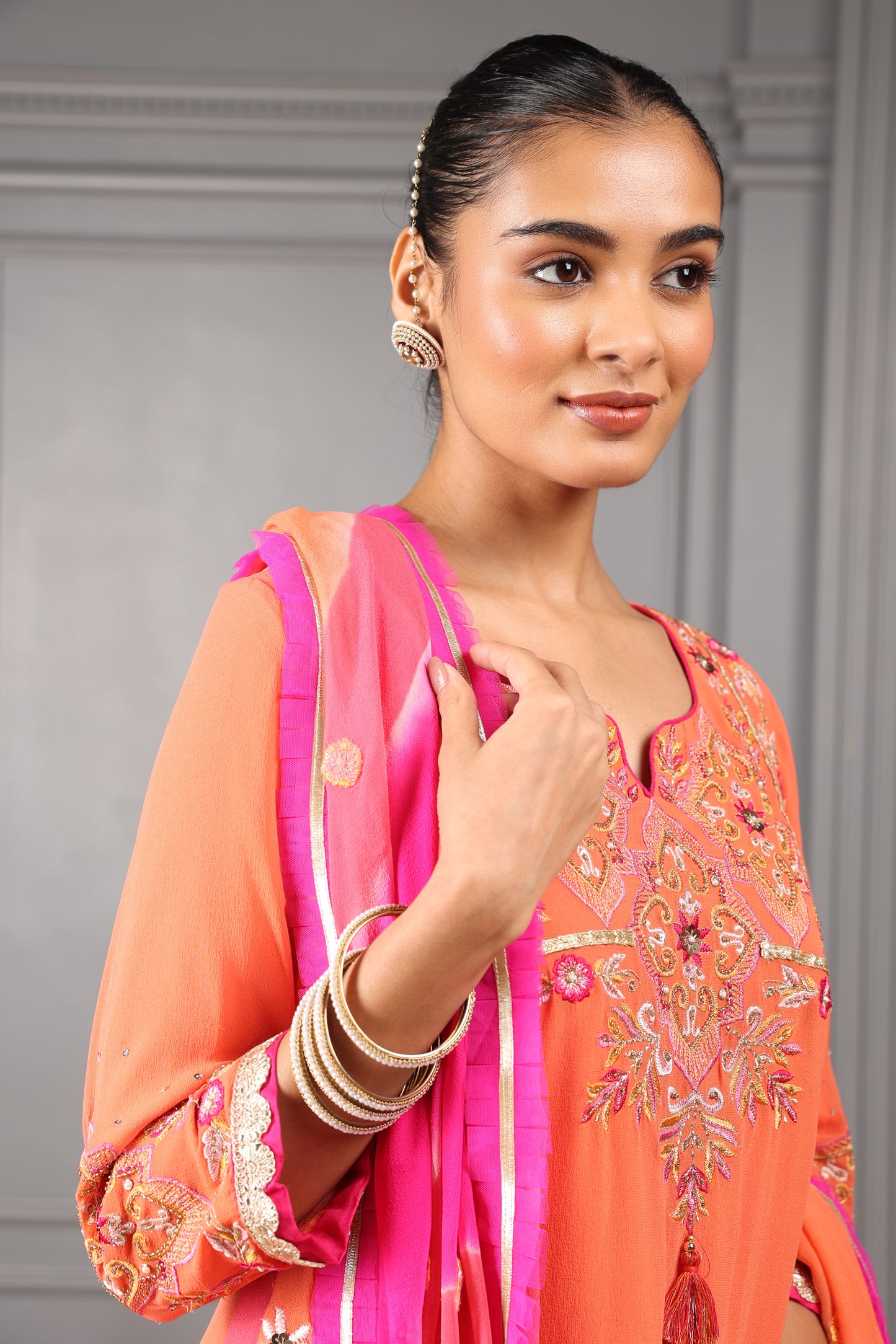 Orange Embroidered High Low Kurta Set