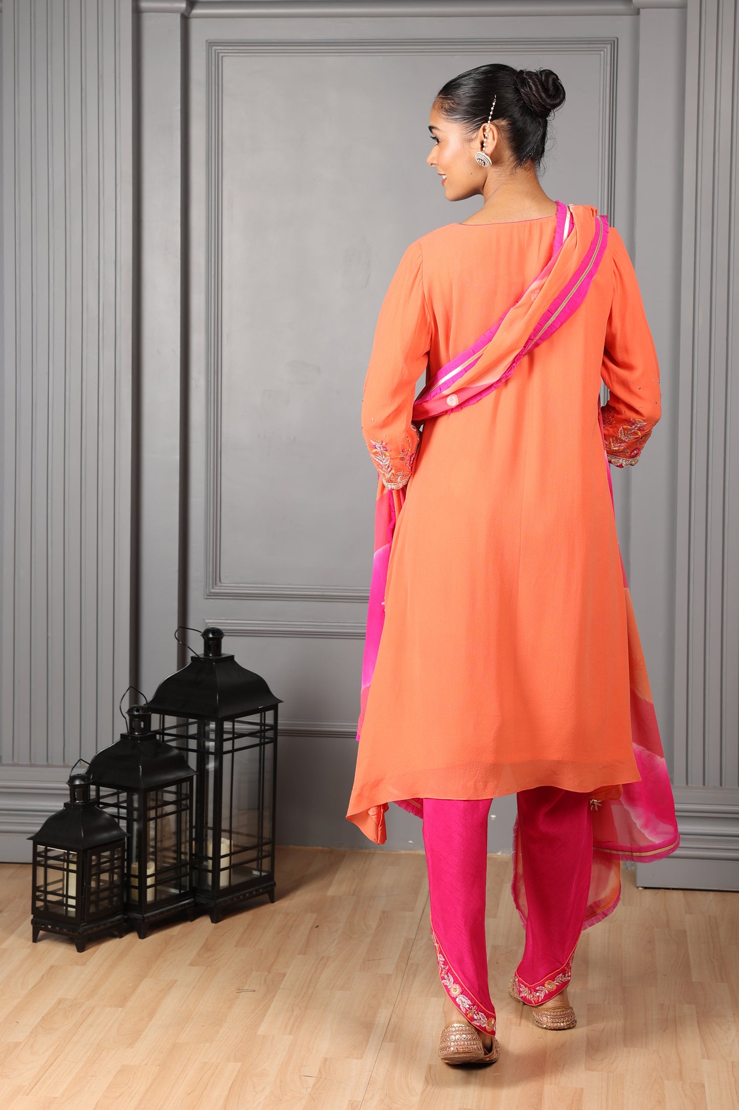 Orange Embroidered High Low Kurta Set