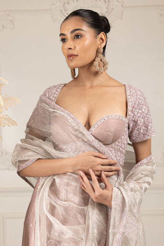 Peach Embroidered Stylised Kalidar Set