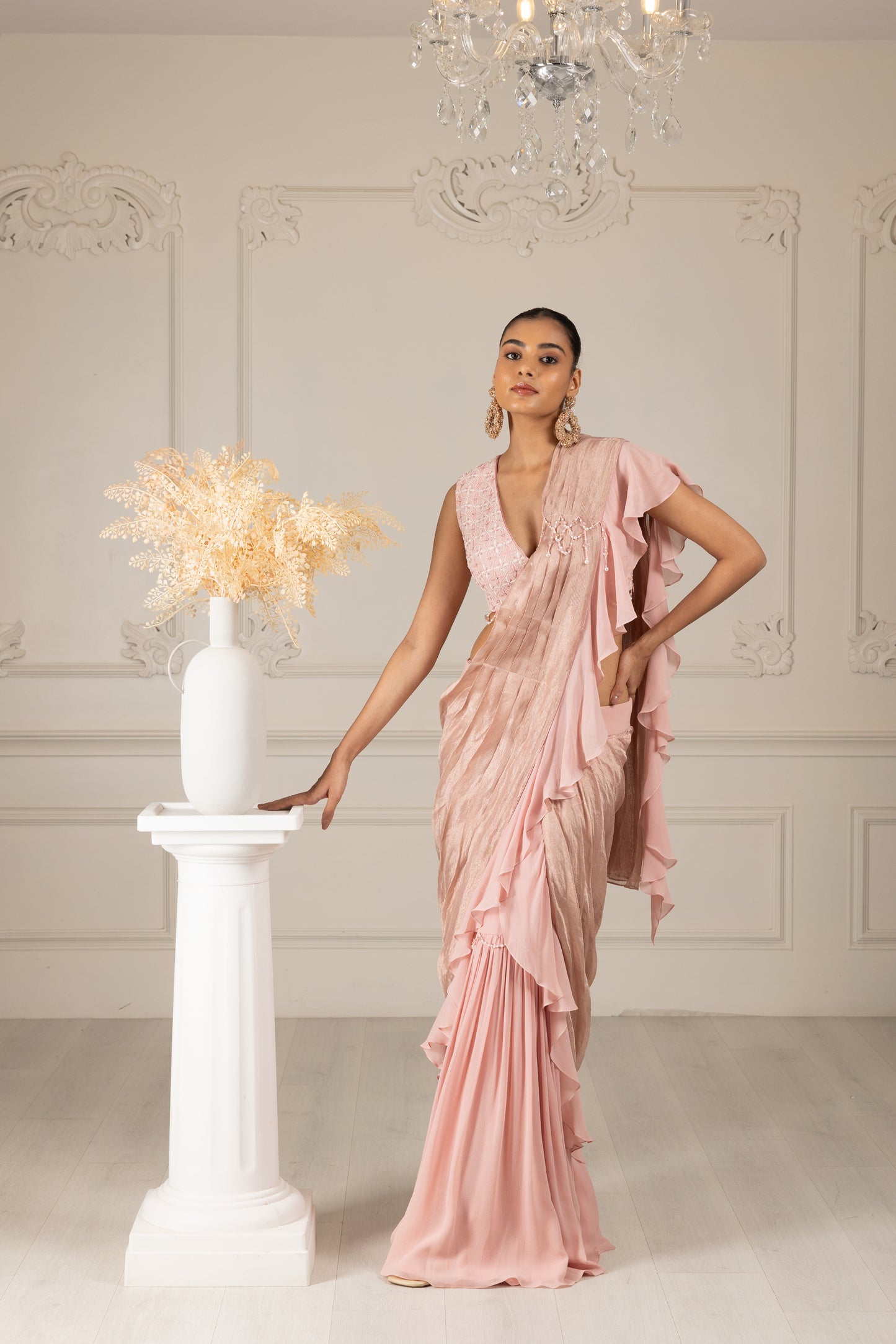 Peach Embroidered Drape Saree Set