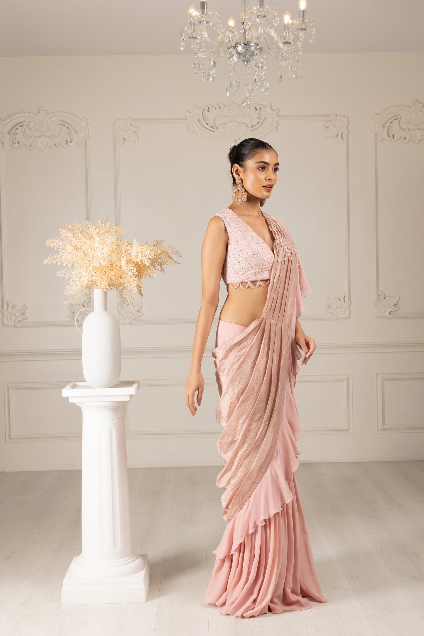 Peach Embroidered Drape Saree Set