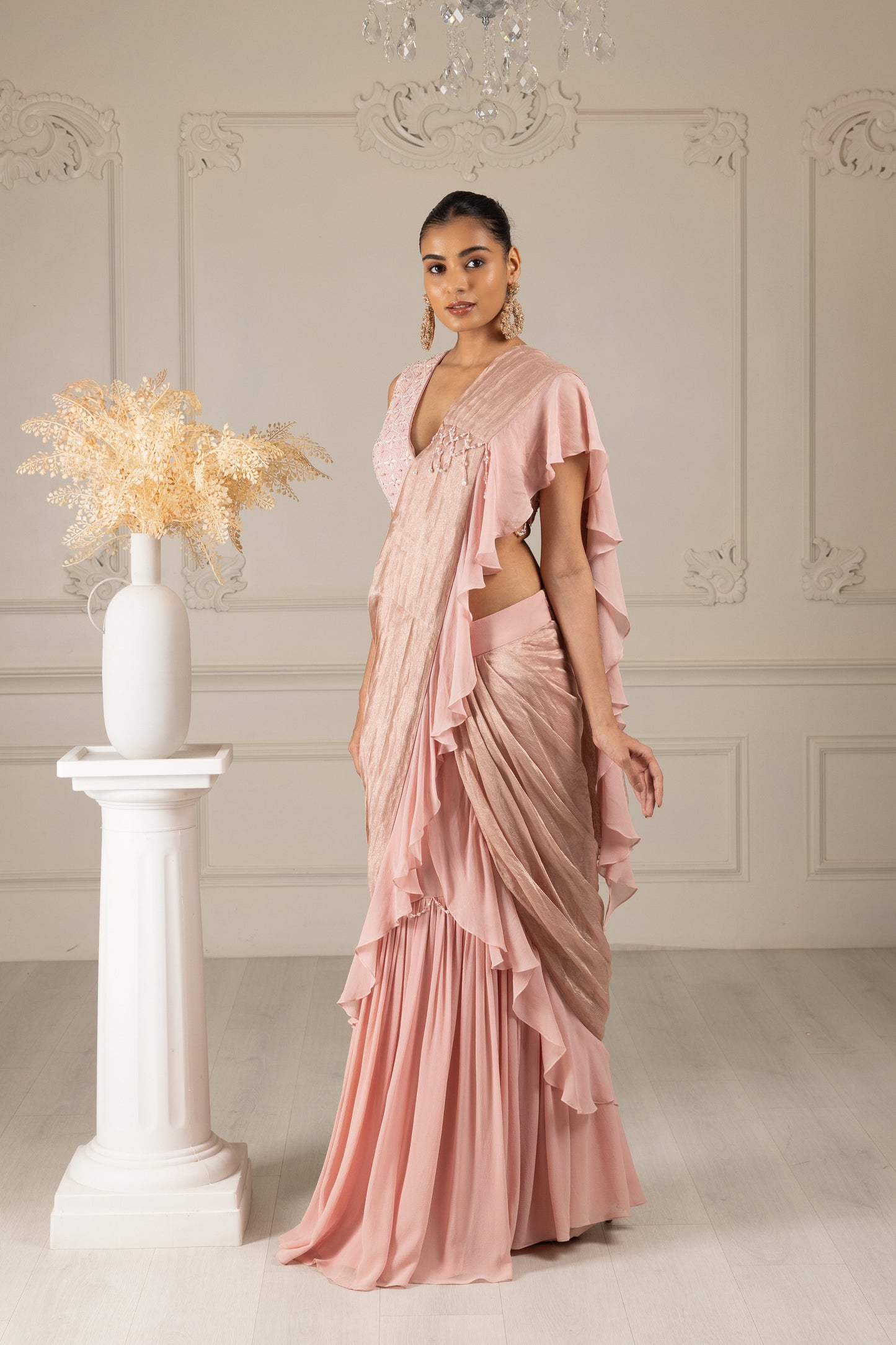 Peach Embroidered Drape Saree Set