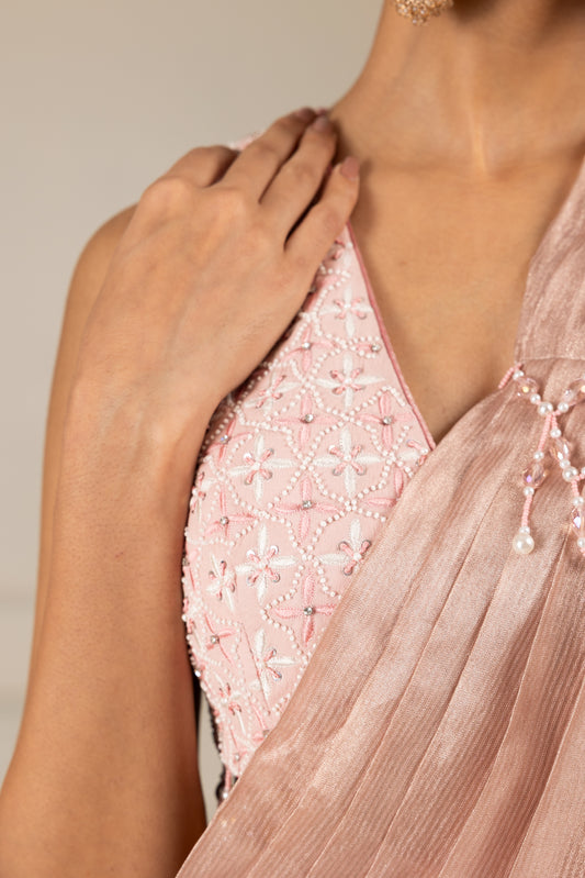 Peach Embroidered Drape Saree Set