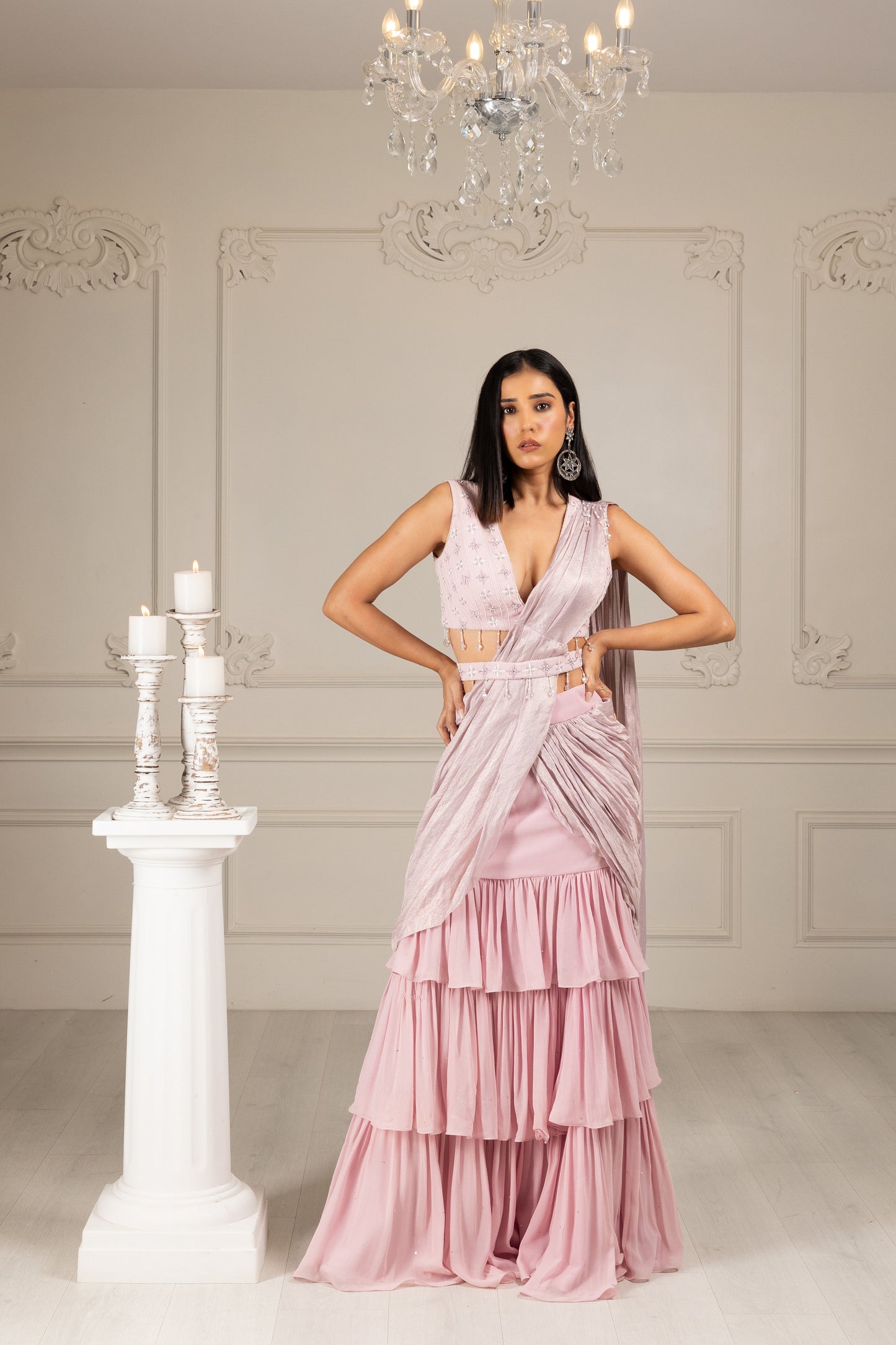 Peach Embroidered Drape Saree Set