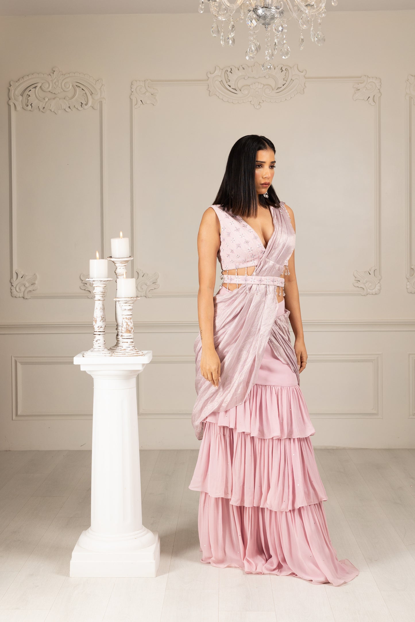 Peach Embroidered Drape Saree Set