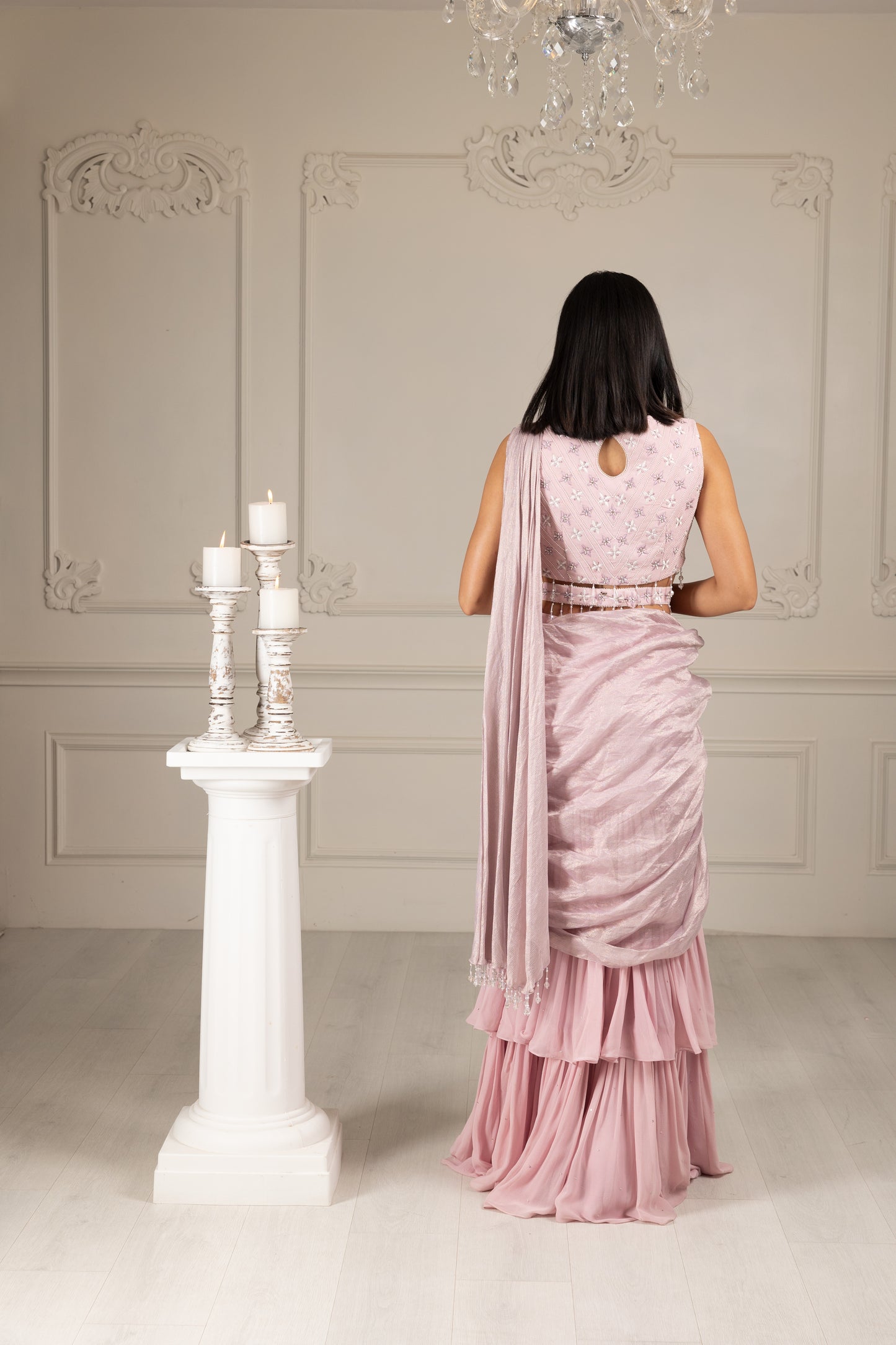 Peach Embroidered Drape Saree Set