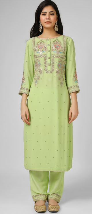 Lime Green Embroidered Georgette Kurta Set