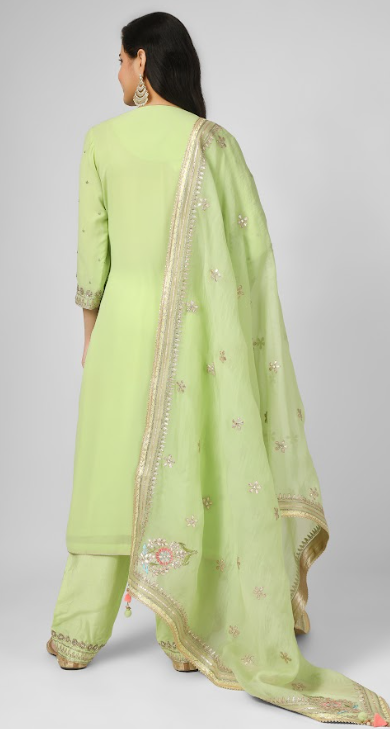Lime Green Embroidered Georgette Kurta Set