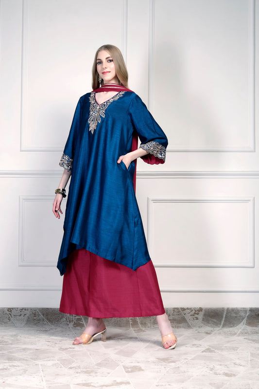 Asymmetrical Kurta Set - Teal/Ran
