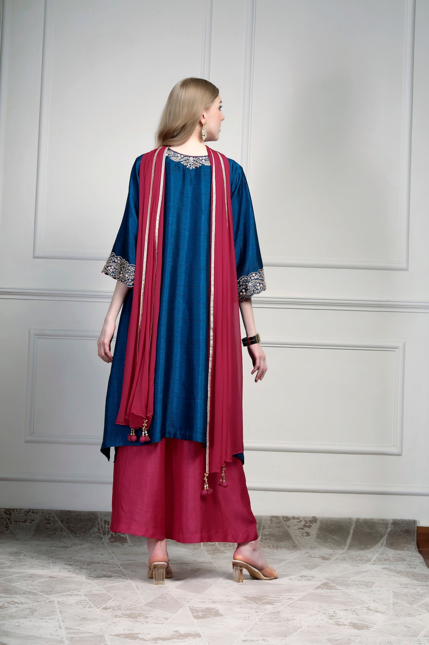 Asymmetrical Kurta Set - Teal/Ran
