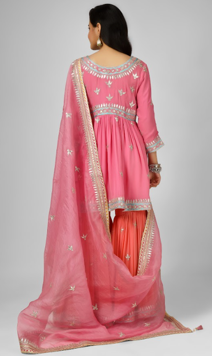 Pink Embroidered Georgette Kurta Sharara Set