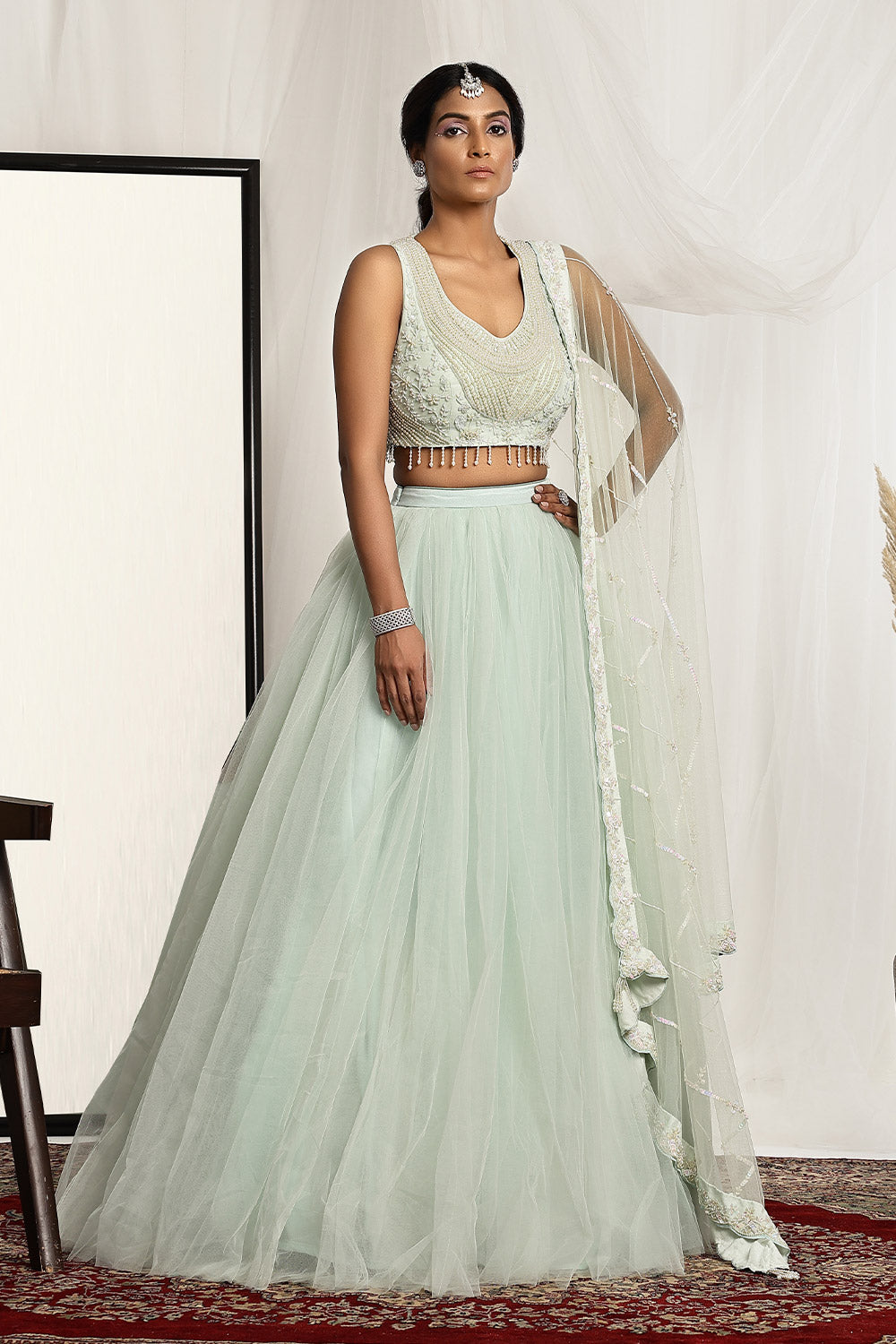 Pearl Blouse Paired with a Ball Gown Lehenga