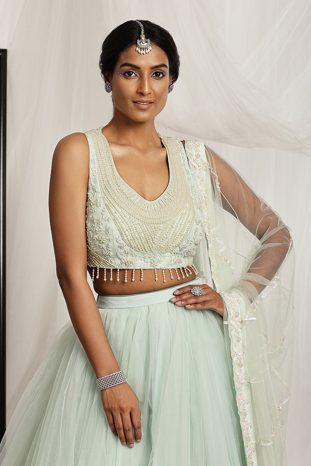 Pearl Blouse Paired with a Ball Gown Lehenga