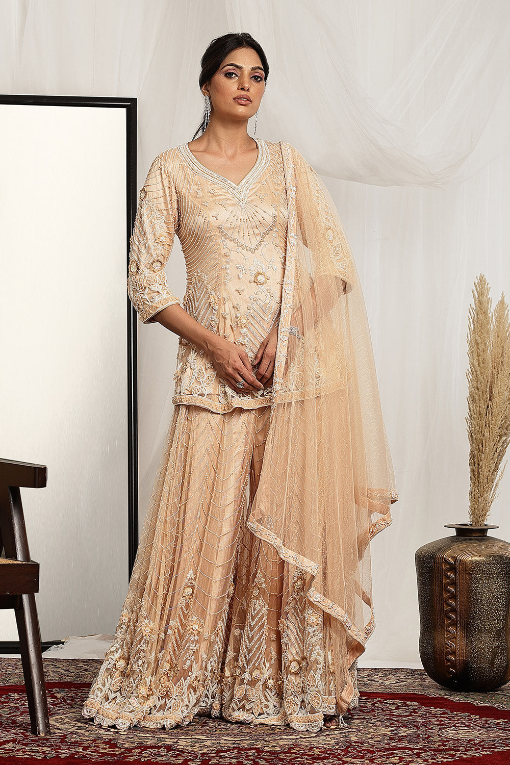 Intricate Pearl Embroidered Kurta, Sharara and Dupatta Set
