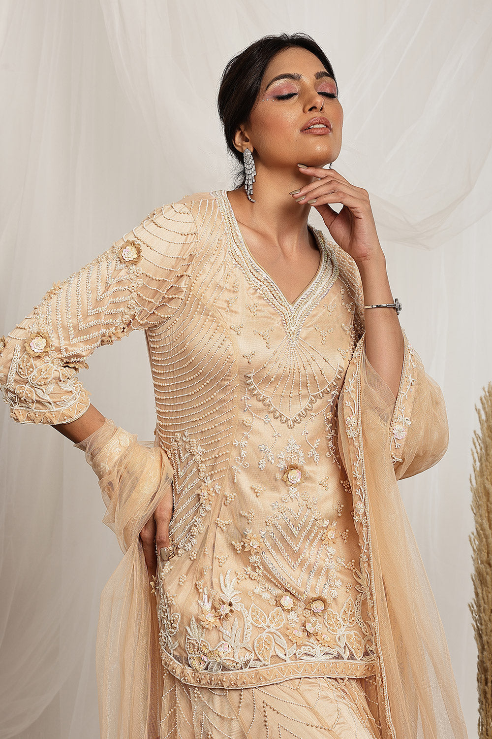 Intricate Pearl Embroidered Kurta, Sharara and Dupatta Set