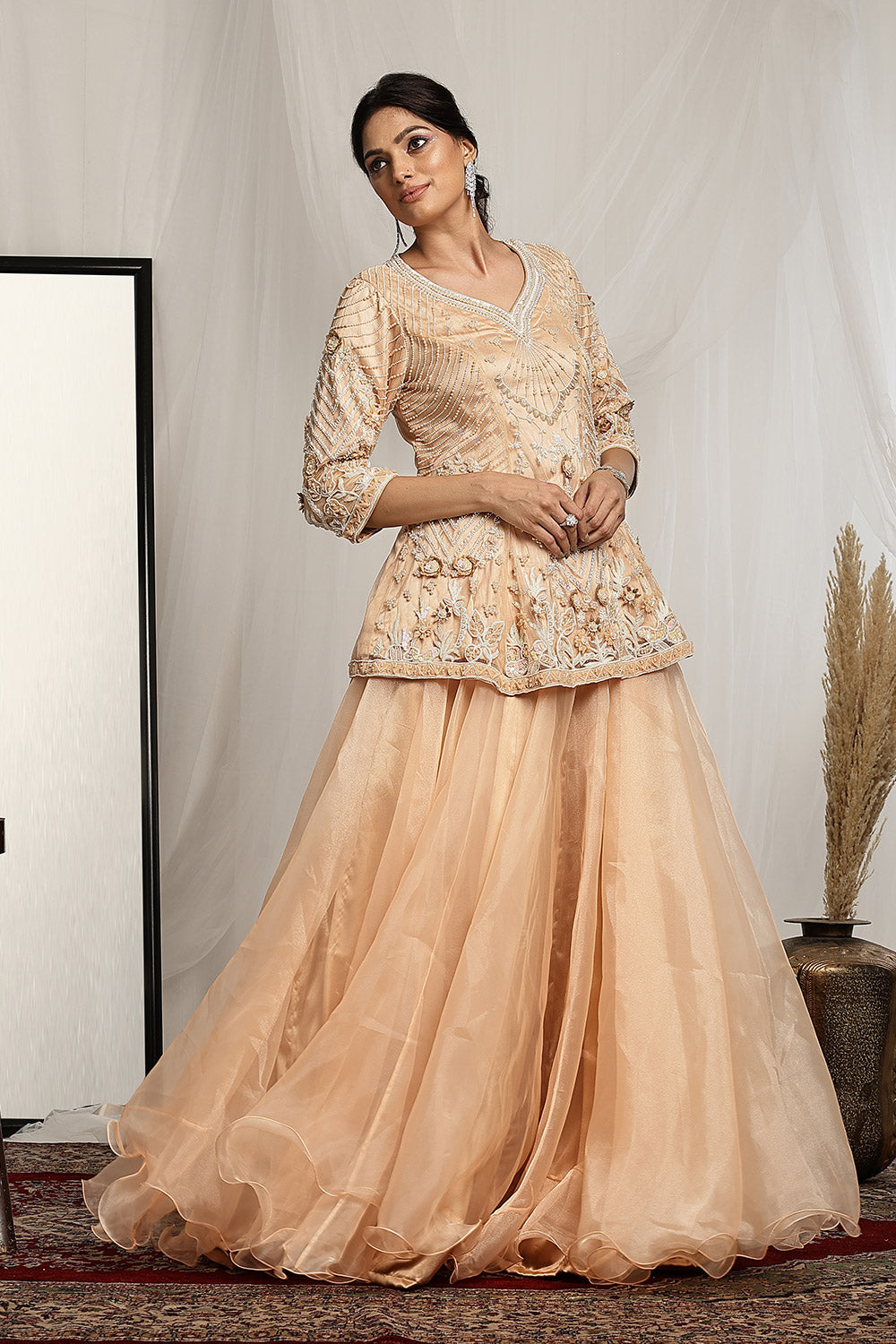 Pearl and Bead Embellished Short Kurta with a Flowy Skirt