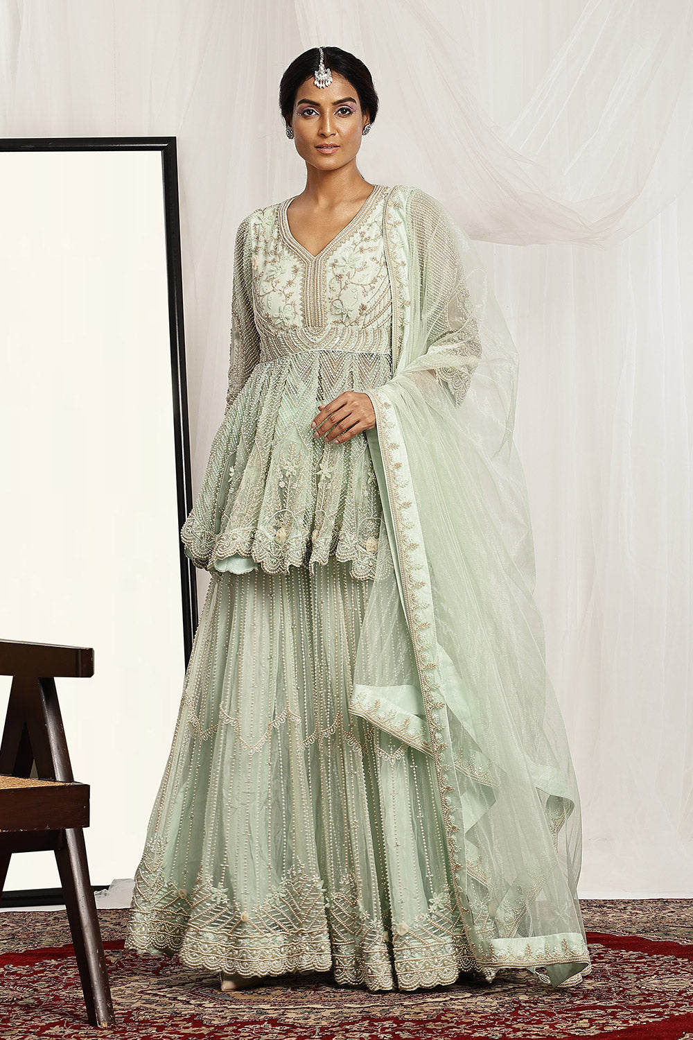 Intricate Pearl Embroidered Kurta, Sharara and Dupatta Set