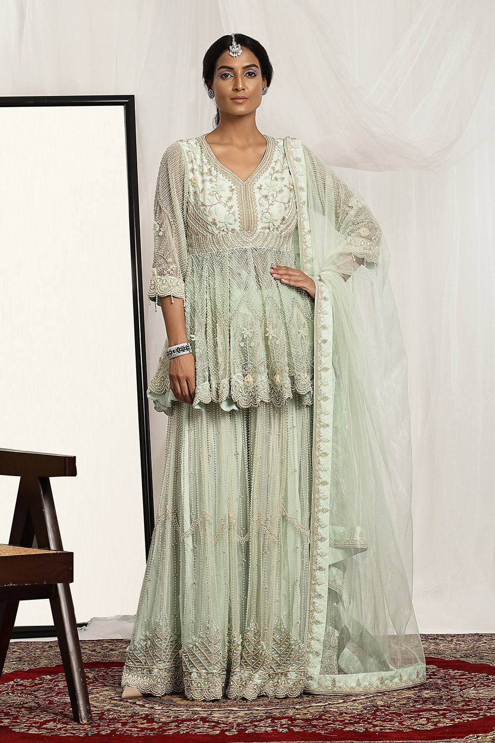 Intricate Pearl Embroidered Kurta, Sharara and Dupatta Set