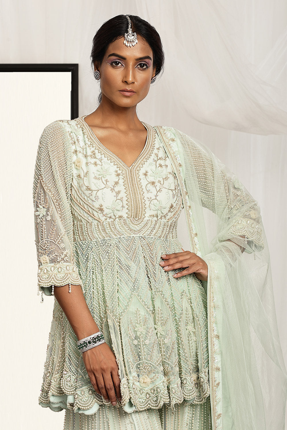 Intricate Pearl Embroidered Kurta, Sharara and Dupatta Set