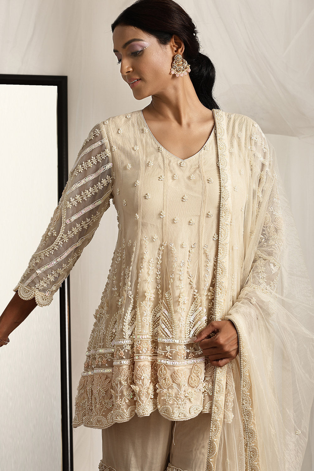 Intricate Pearl Embroidered Kurta, Garara and Dupatta Set