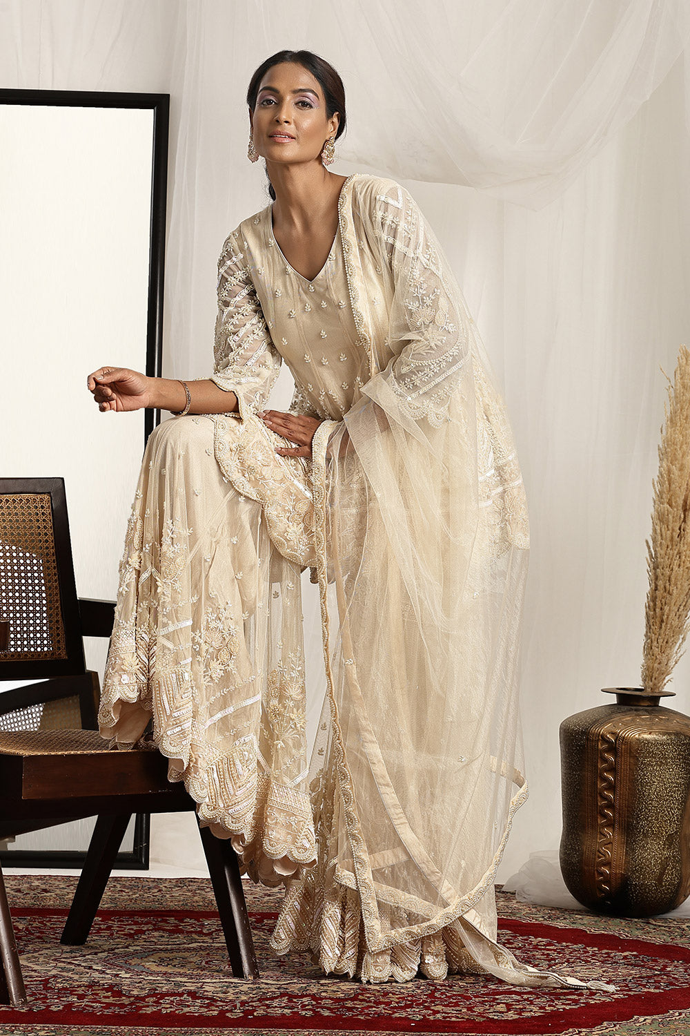 Intricate Pearl Embroidered Kurta, Garara and Dupatta Set