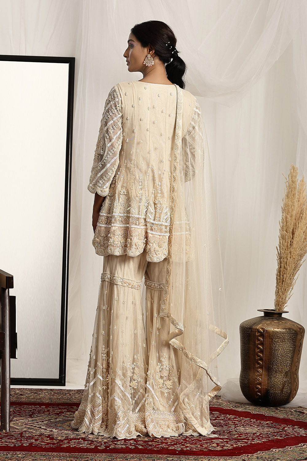 Intricate Pearl Embroidered Kurta, Garara and Dupatta Set