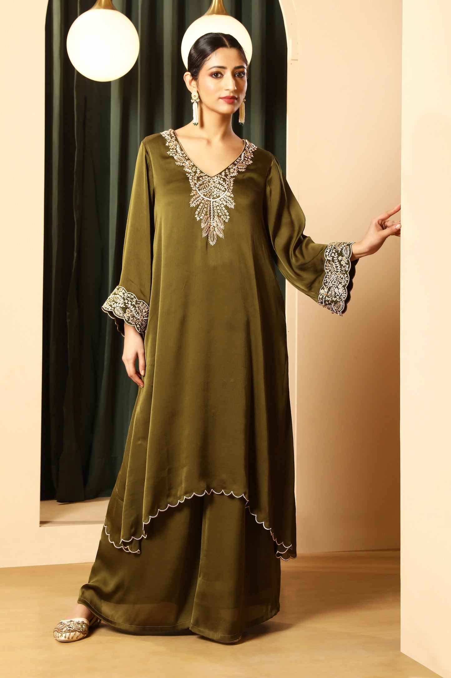 Asymmetrical Short Kurta Set – Olive
