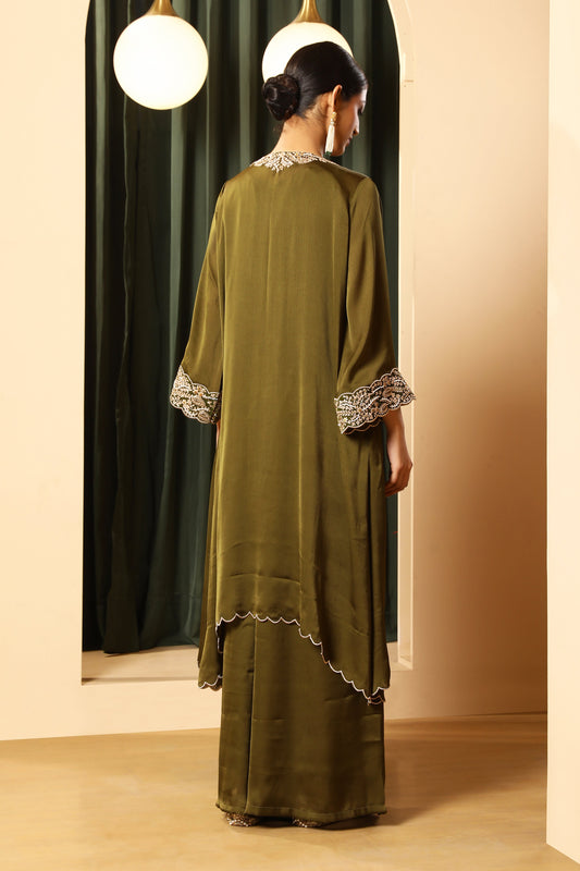 Asymmetrical Short Kurta Set – Olive