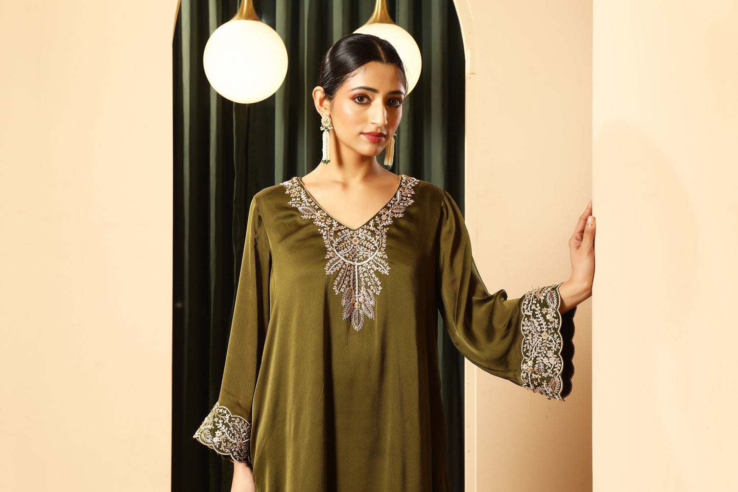 Asymmetrical Short Kurta Set – Olive