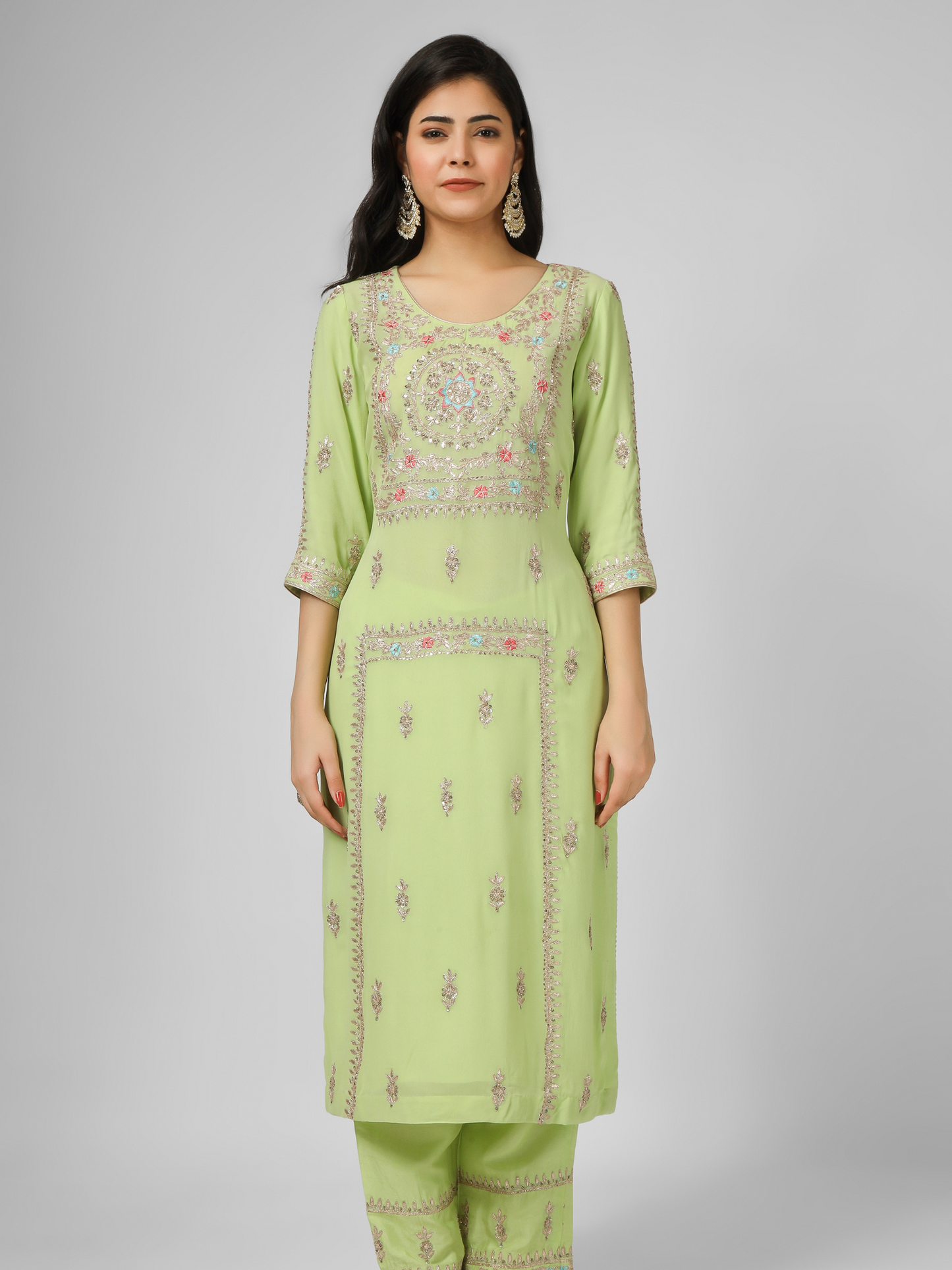 Lime Green Embroidered Georgette Kurta Set