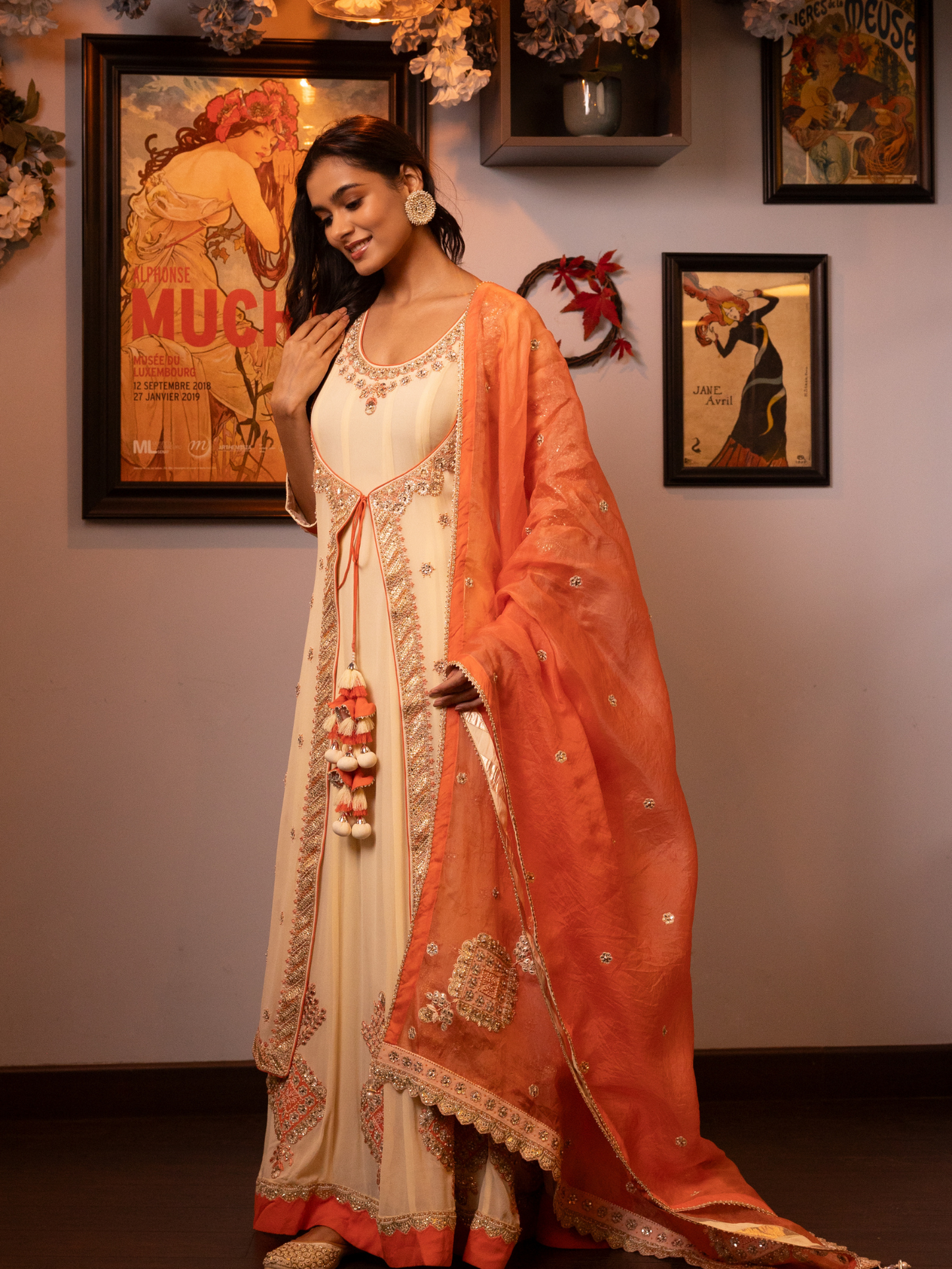 Off White Embroidered Jacket Style Kalidar Kurta Set