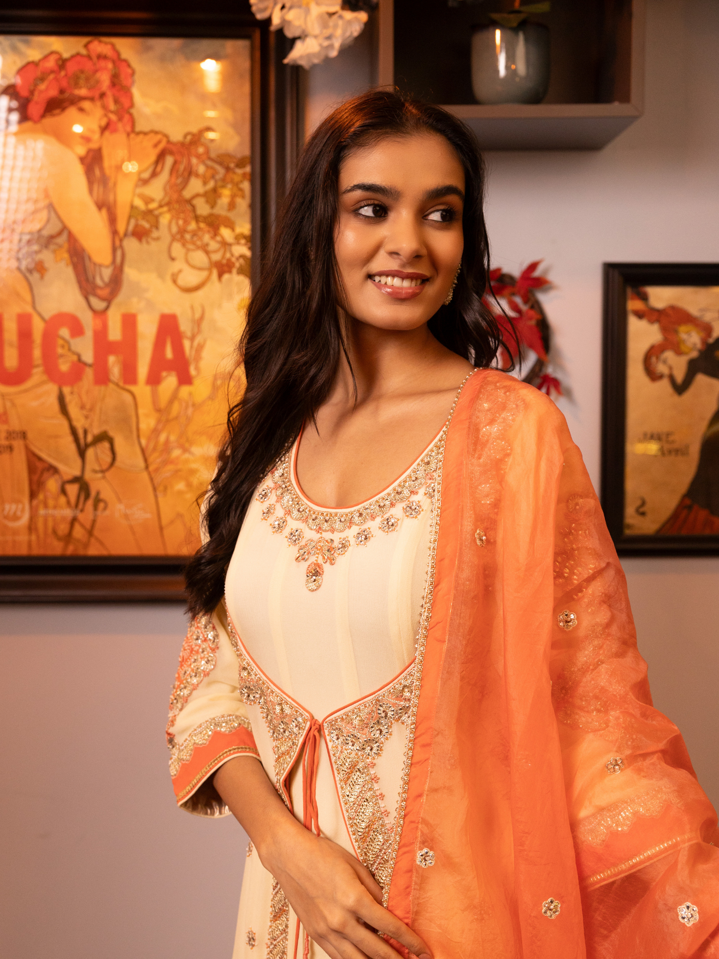 Off White Embroidered Jacket Style Kalidar Kurta Set