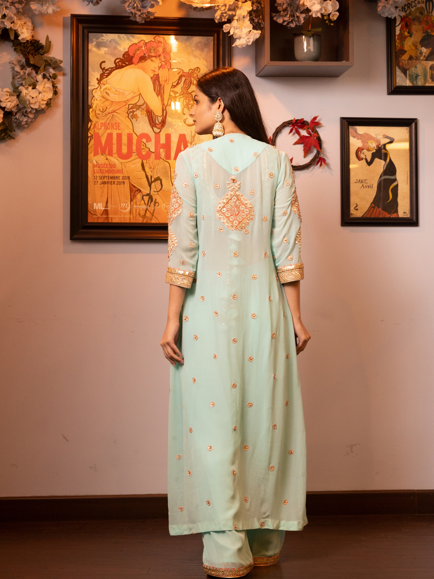 Turquoise Embroidered Stylised Kurta Set