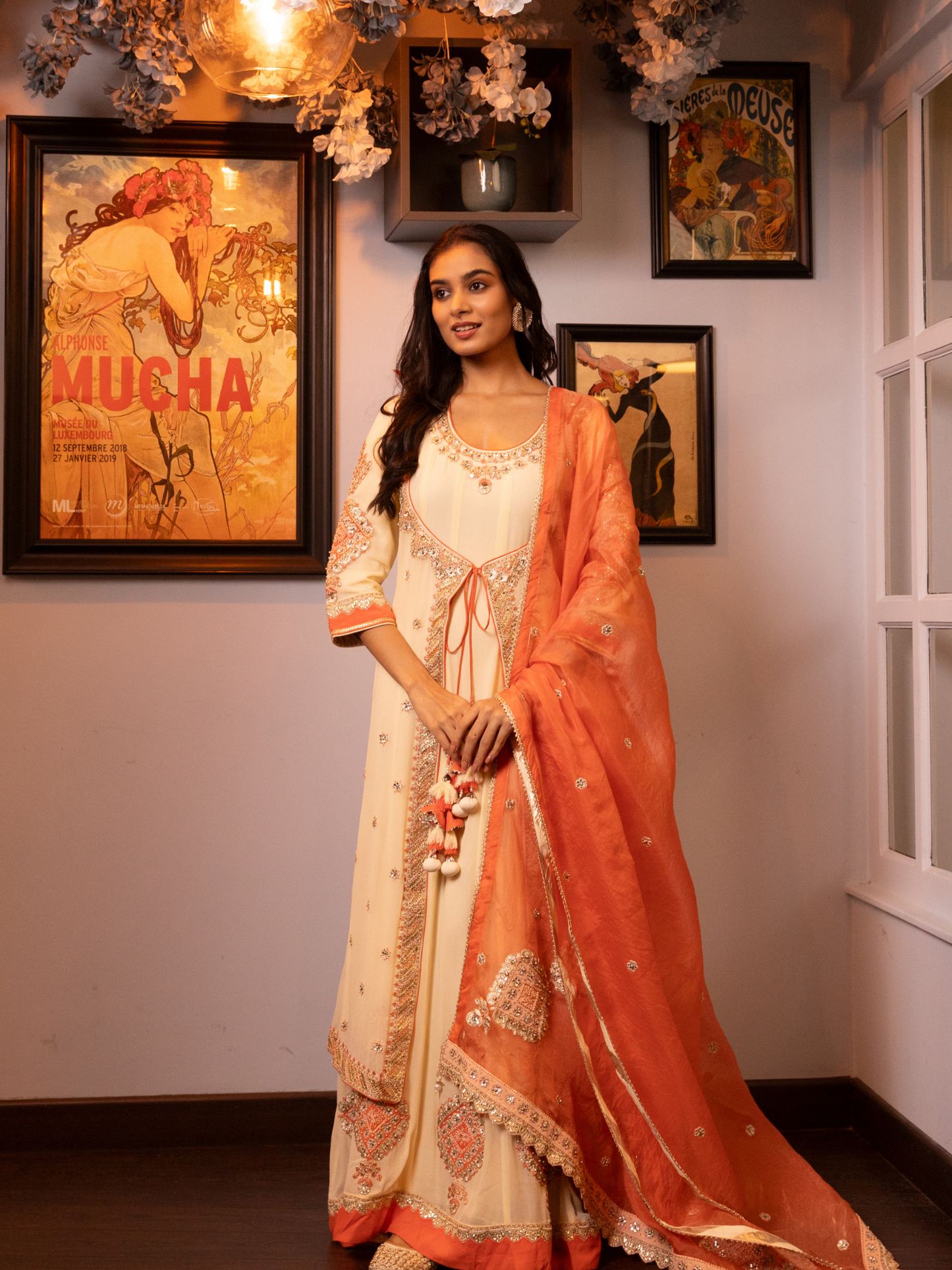 Off White Embroidered Jacket Style Kalidar Kurta Set