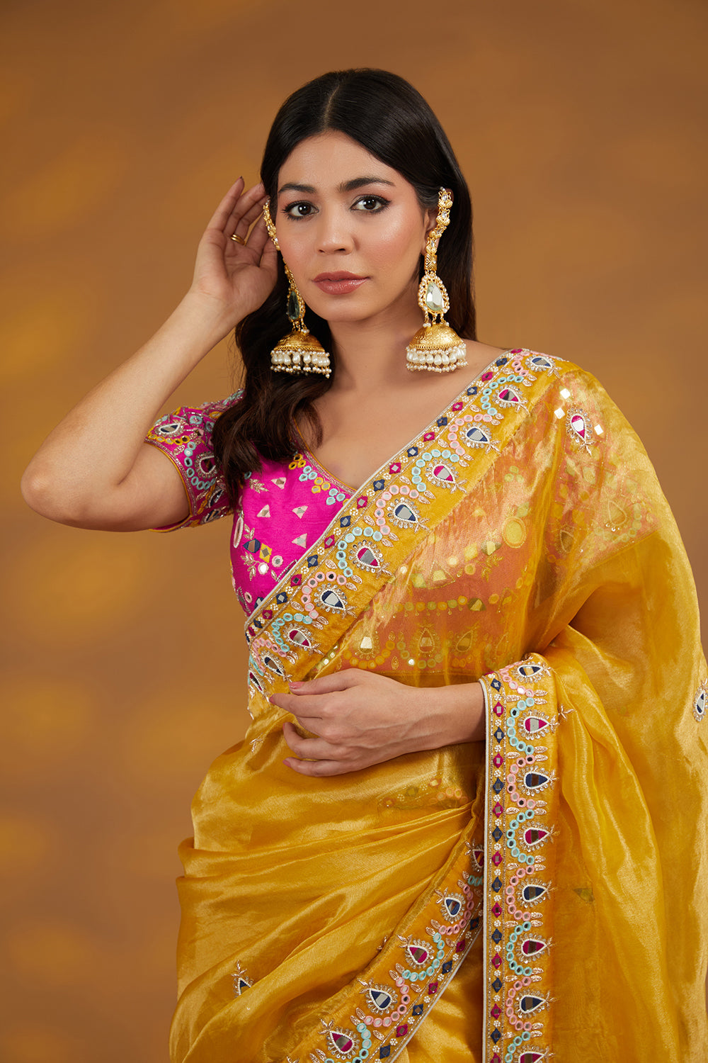 Yellow Organza Hand Saree Set