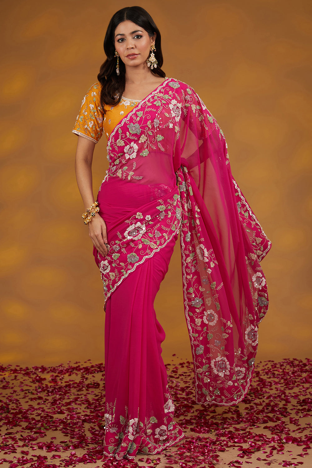 Pink Georgette Hand Saree Set Set