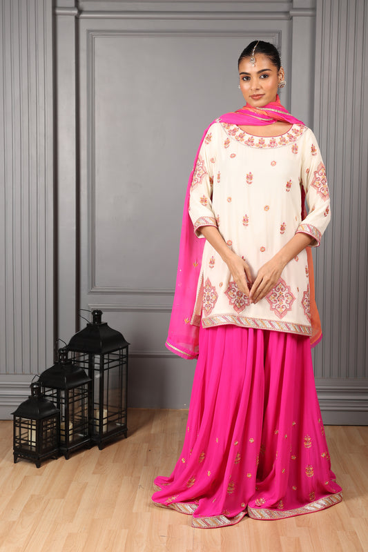 Off-White Embroidered Kurta Sharara Set