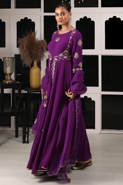 Purple Embroidered Stylised Anarkali Set