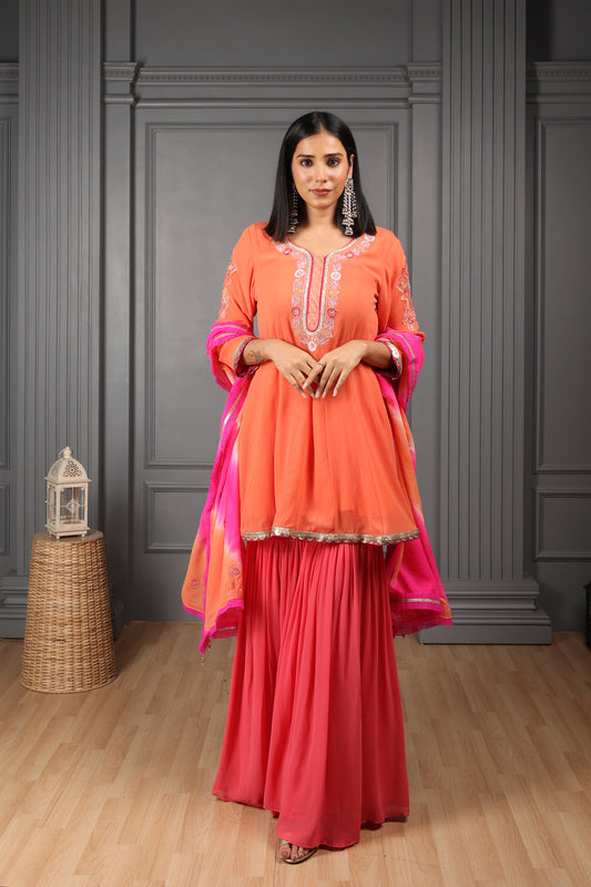 Orange Embroidered Kalidar Kurta Set