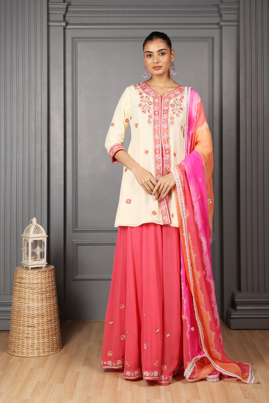 Off-white Embroidered Kalidar Kurta Set