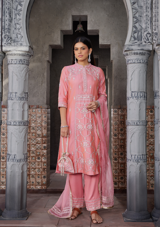 Pink Embroidered Chanderi Kurta Set