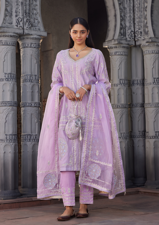 Mauve Embroidered Chanderi Kurta Set  With Matching Potli Bag