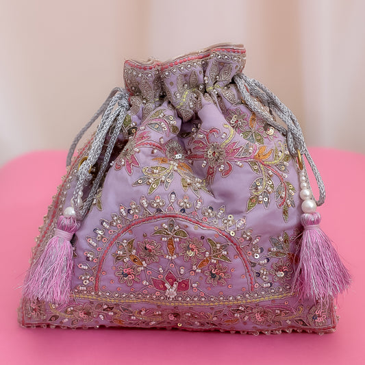 Mauve Raw Silk Embroidered Potli Bag