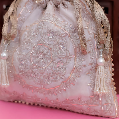 Peach Raw Silk Embroidered Potli Bag