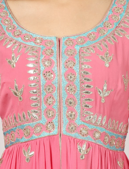 Pink Embroidered Georgette Kurta Sharara Set