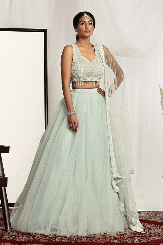 Pearl Blouse Paired with a Ball Gown Lehenga