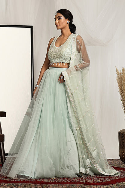 Pearl Blouse Paired with a Ball Gown Lehenga