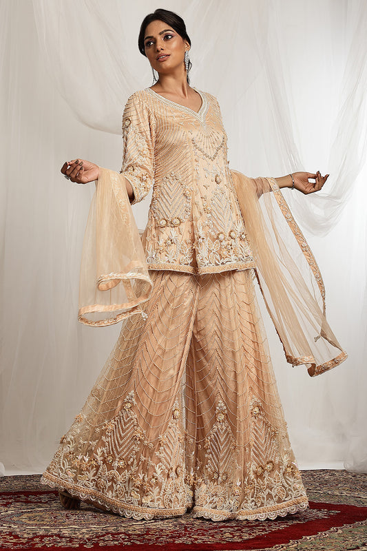 Intricate Pearl Embroidered Kurta, Sharara and Dupatta Set