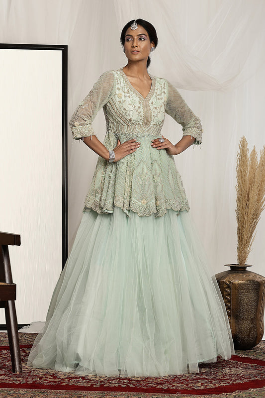Embellished Peplum Top with a Ball Gown Skirt